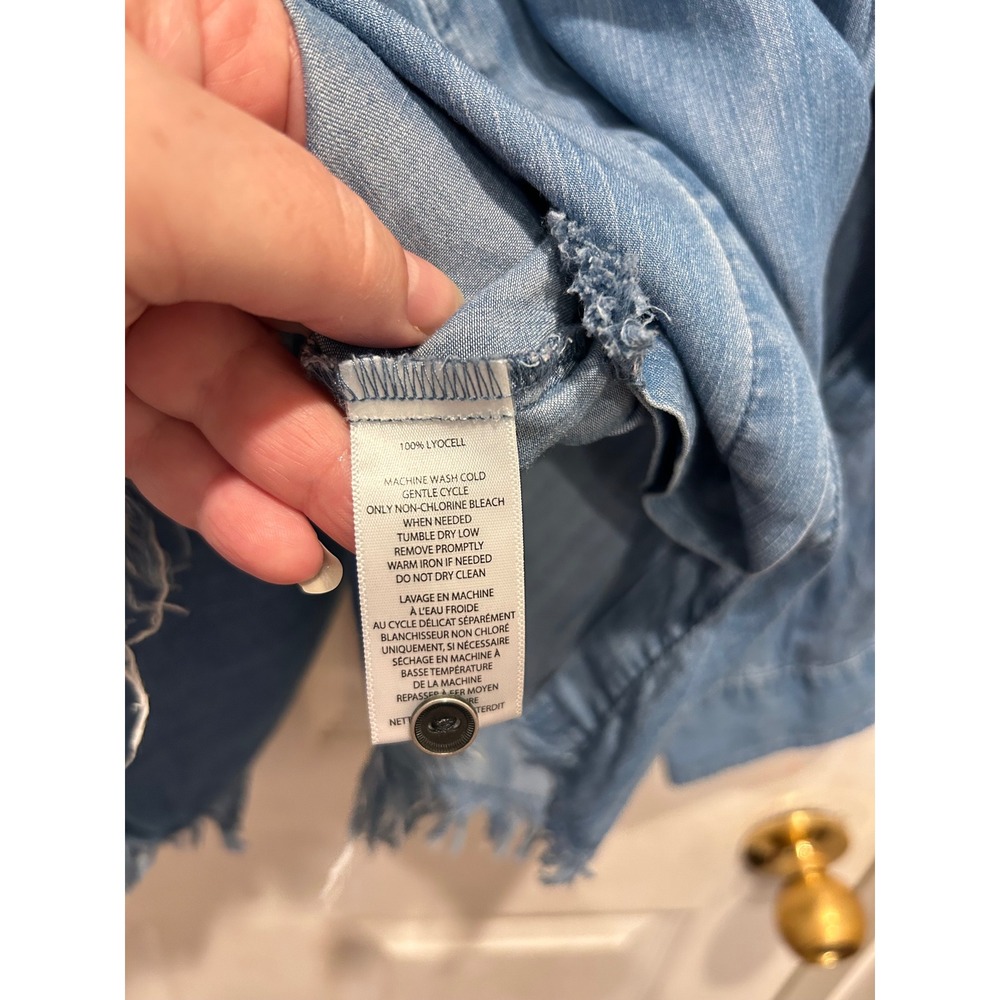 Beachlunchlounge Blue Lyocell Denim Shirt Frayed Hem Roll Tab Sleeve Womens L - Picture 10 of 10